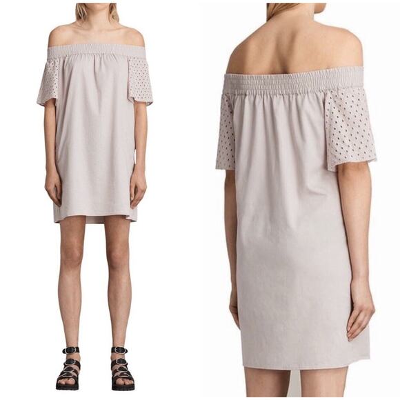 AllSaints size XS Mini Dress Light Pink Lace Sleeve Off Shoulder - Picture 1 of 7